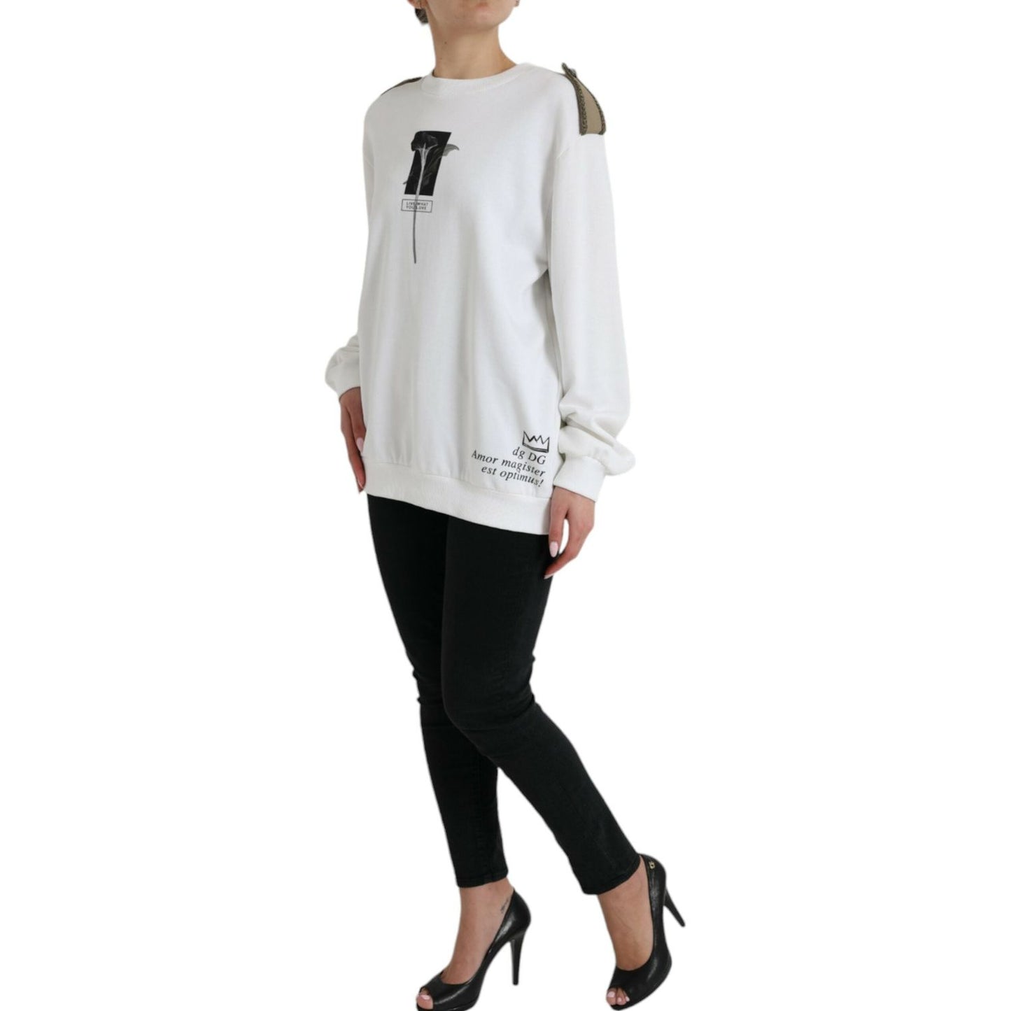 Dolce & Gabbana White Floral Cotton Crew Neck Pullover Sweater TSH84804-40