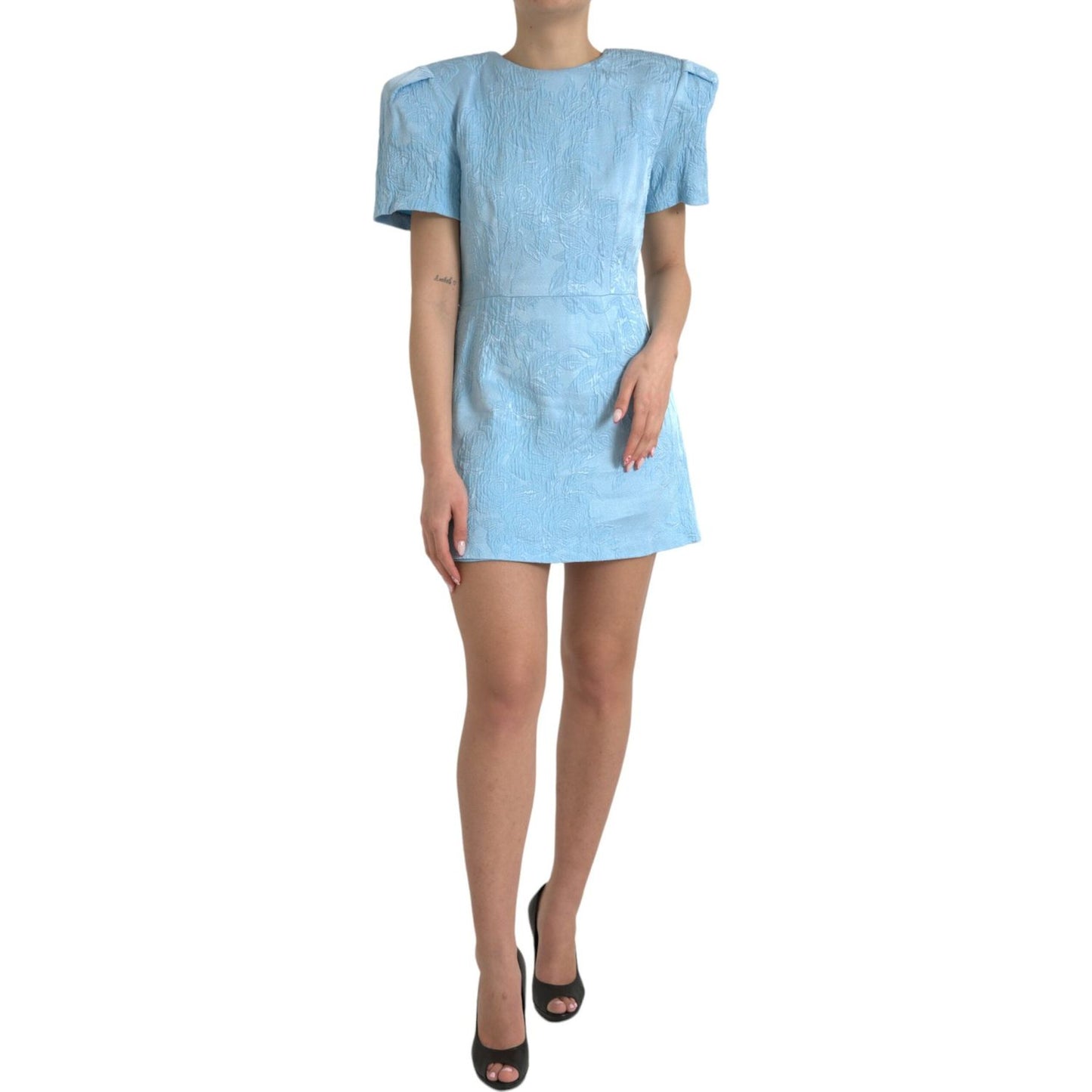 Dolce & Gabbana Light Blue Floral Jacquard Puff Sleeve Mini Dress DR281143-44