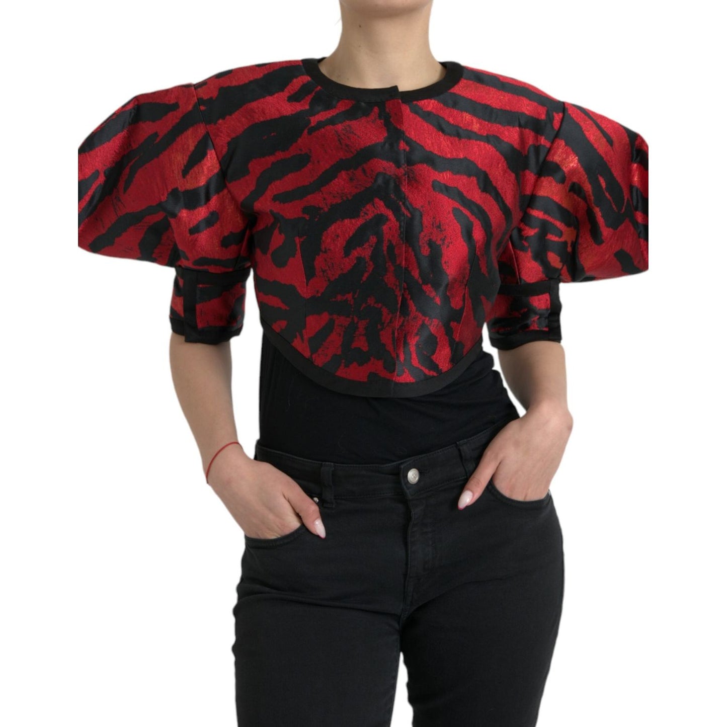 Dolce & Gabbana Black Red Patterned Cropped Coat Jacket JKT4058-46