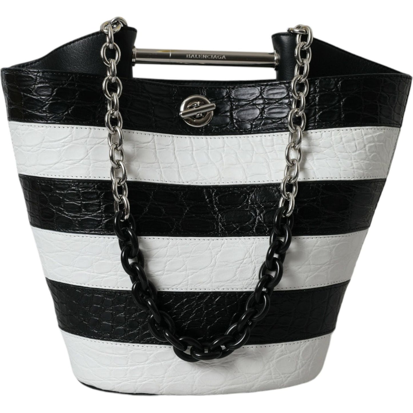 Balenciaga Black White Striped Exotic Skin Leather Maxi Bucket Tote Bag BAG1178