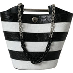 Balenciaga Black White Striped Exotic Skin Leather Maxi Bucket Tote Bag BAG1178