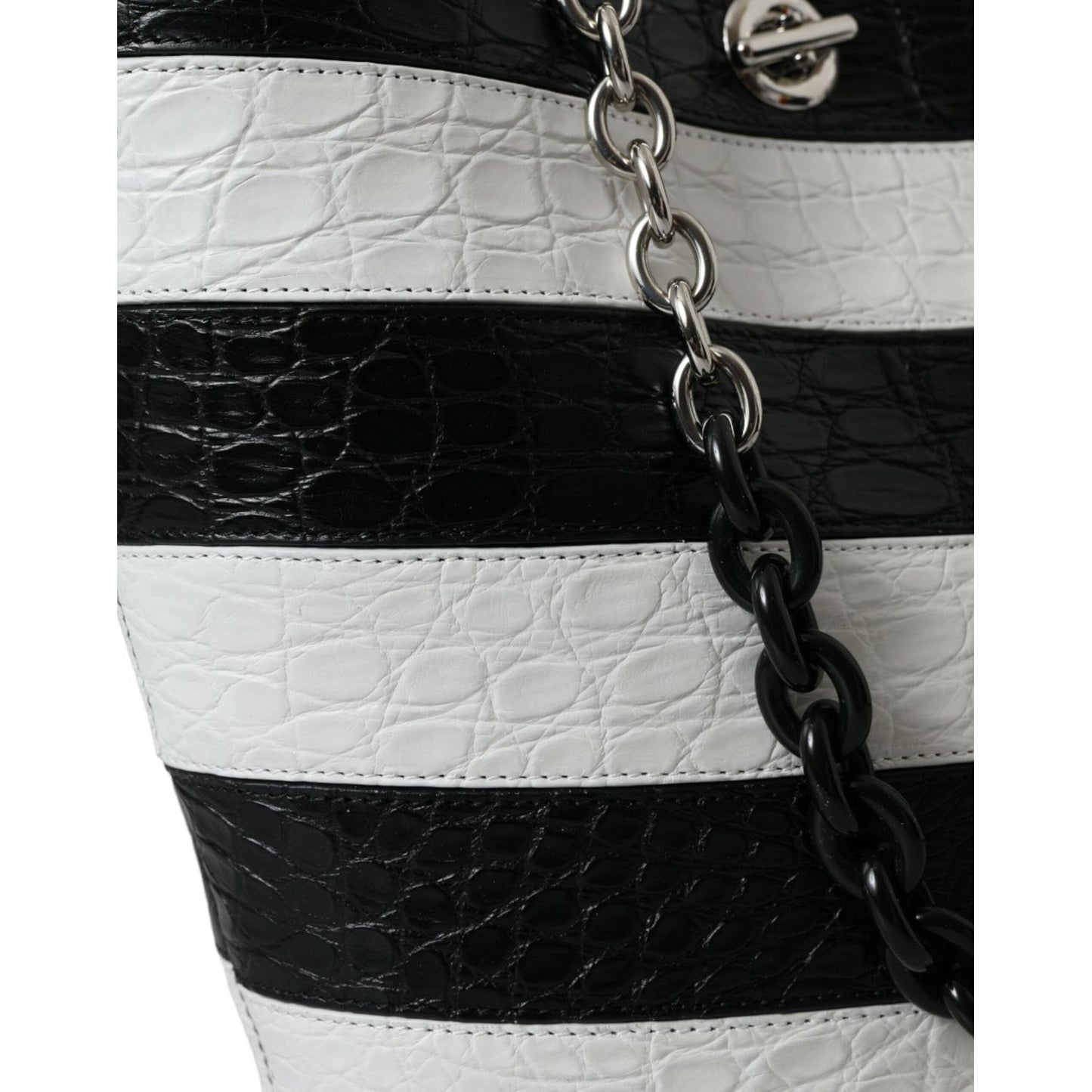Balenciaga Black White Striped Exotic Skin Leather Maxi Bucket Tote Bag BAG1178
