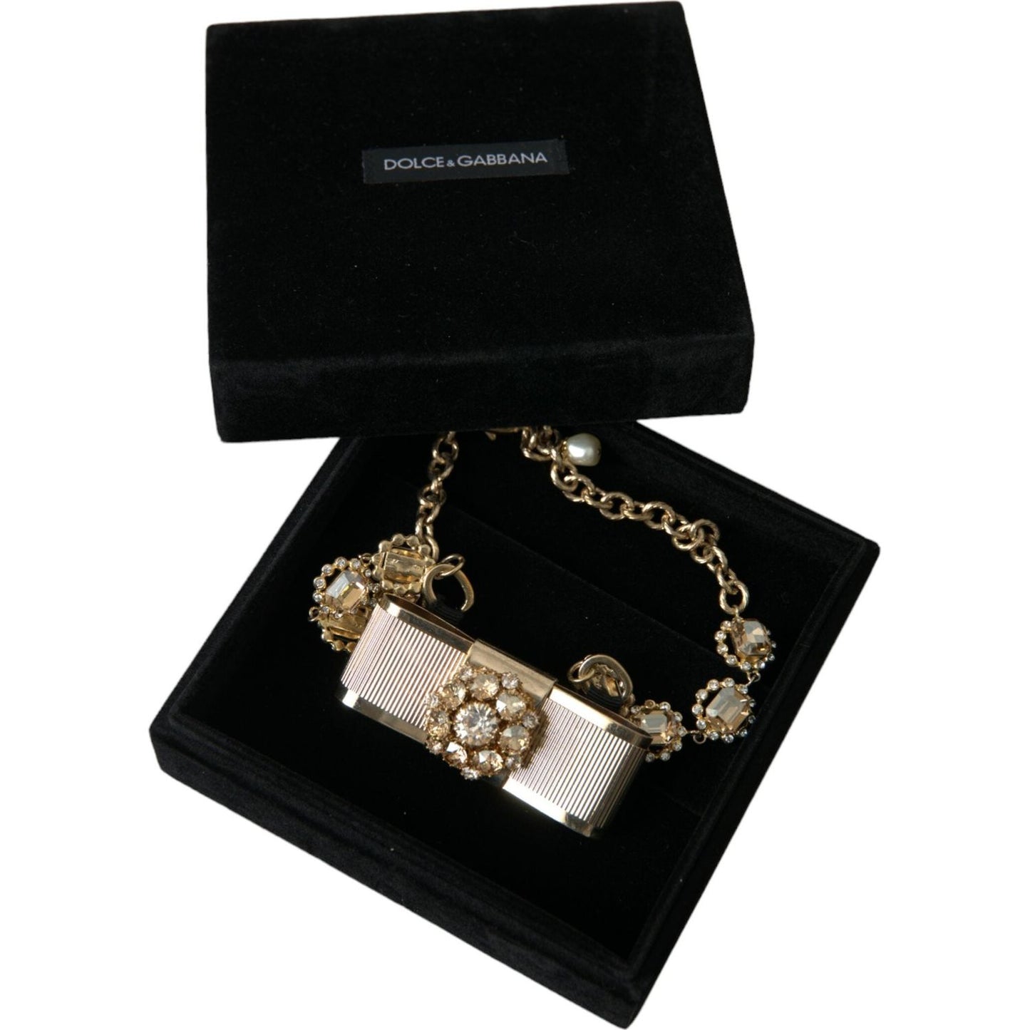 Dolce & Gabbana Gold Brass Clear Crystal Bow Chain Choker Necklace SMY101404