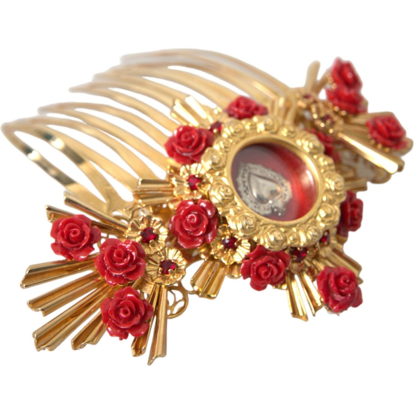 Dolce & Gabbana Gold Brass Crystal Heart Floral Hair Comb SMY101431