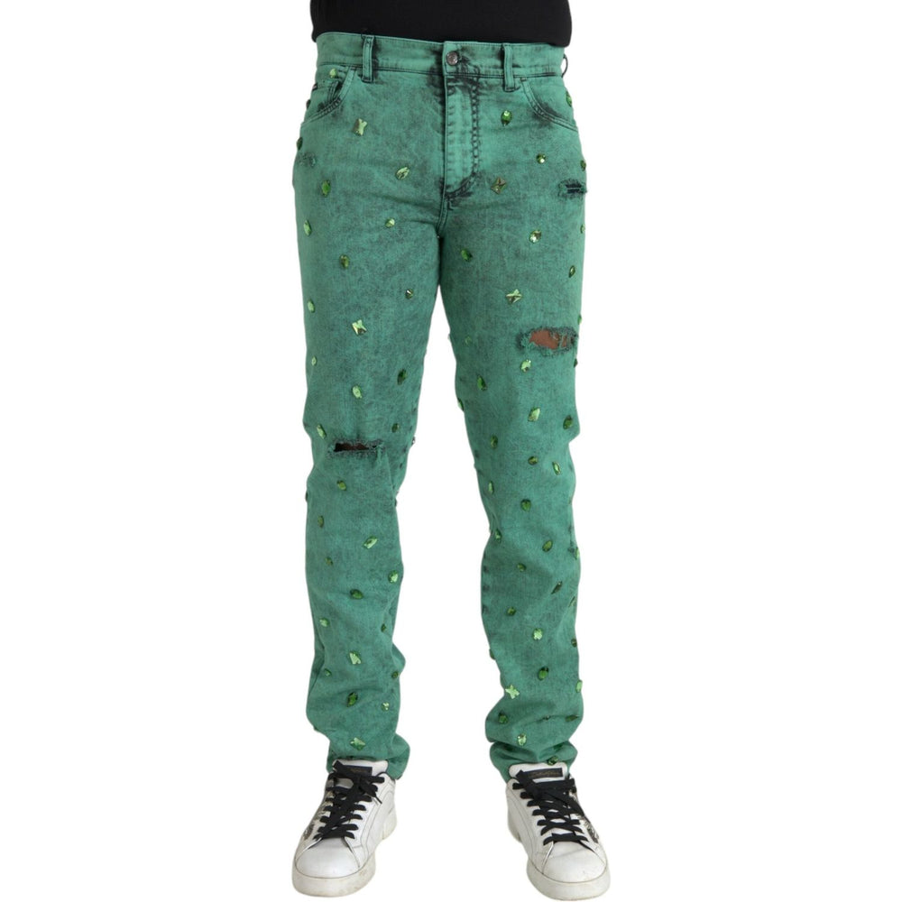 Dolce & Gabbana Green Crystals Cotton Stretch Slim Jeans PAN75301-50
