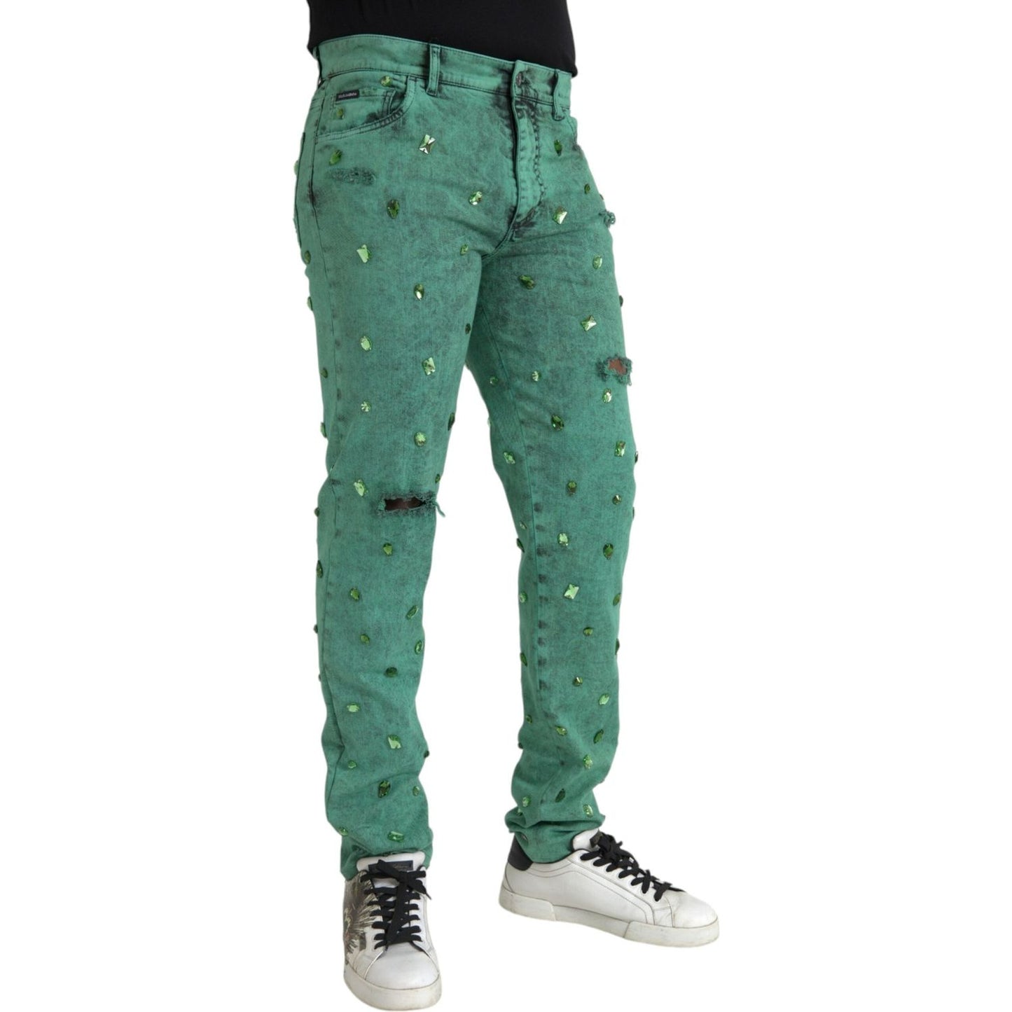 Dolce & Gabbana Green Crystals Cotton Stretch Slim Jeans PAN75301-50