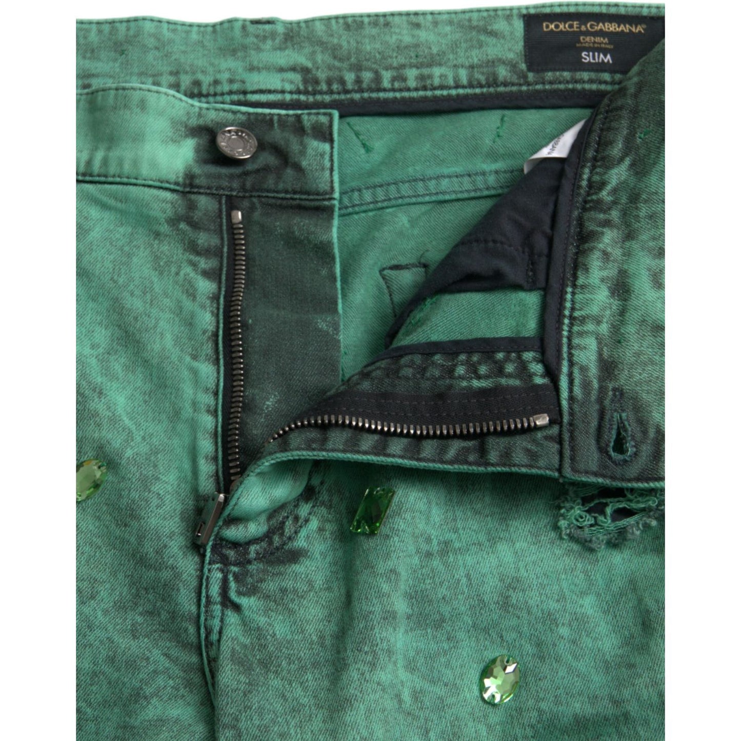 Dolce & Gabbana Green Crystals Cotton Stretch Slim Jeans PAN75301-50