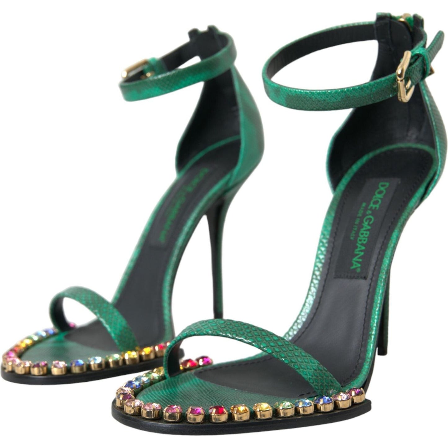 Dolce & Gabbana Green Exotic Leather Crystal Sandals Shoes LA10579-39