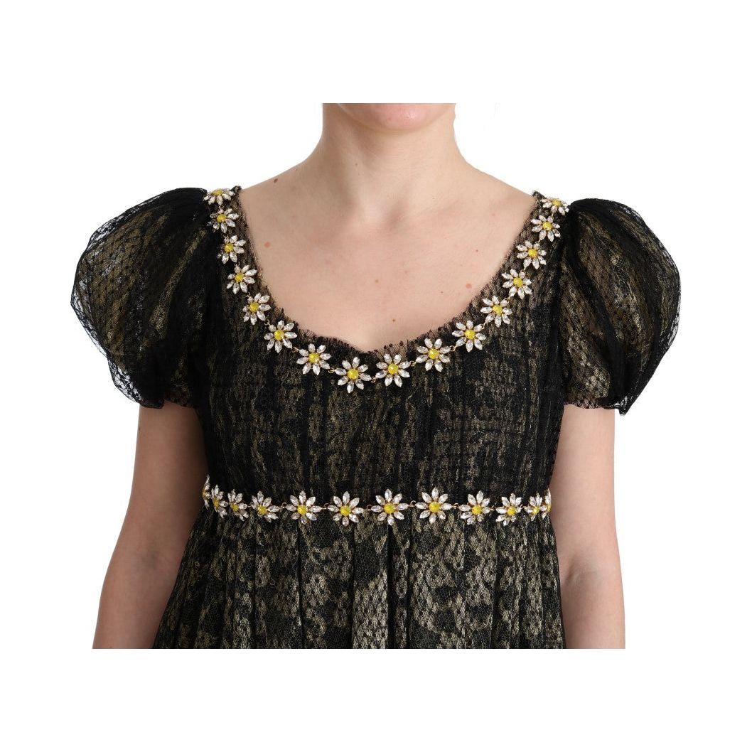 Dolce & Gabbana Black Yellow Crystal Lace Shift Dress SIG60663-1