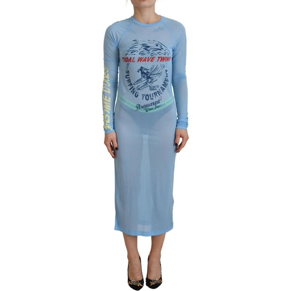 Dsquared² Blue Printed Viscose Long Sleeves Cover Up Dress Dsquared² Light Slate Gray