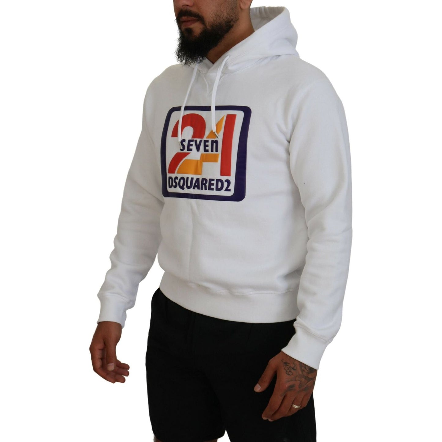 Dsquared² White Cotton Hooded Printed Men Pullover Sweater TSH83485-48