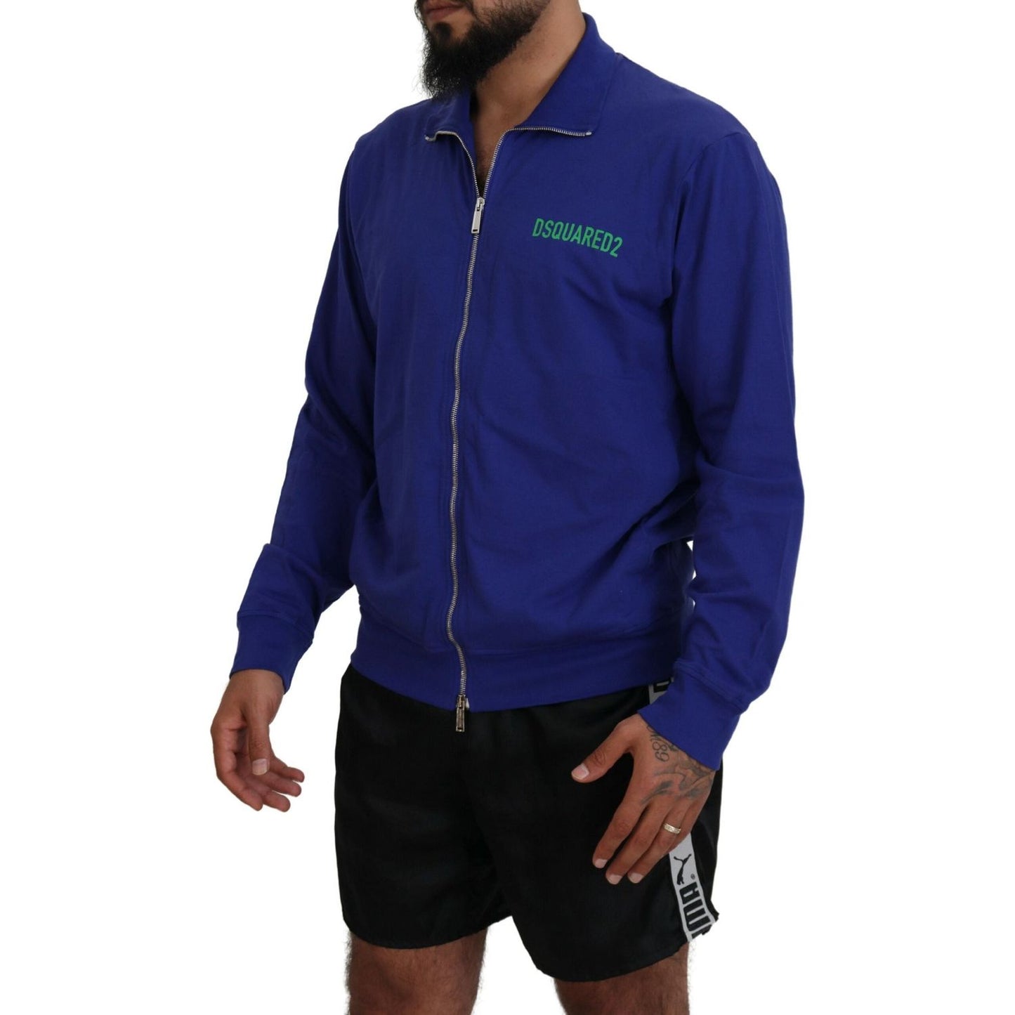 Dsquared² Blue Cotton Printed Collared Men Full Zip Sweater TSH83522-48
