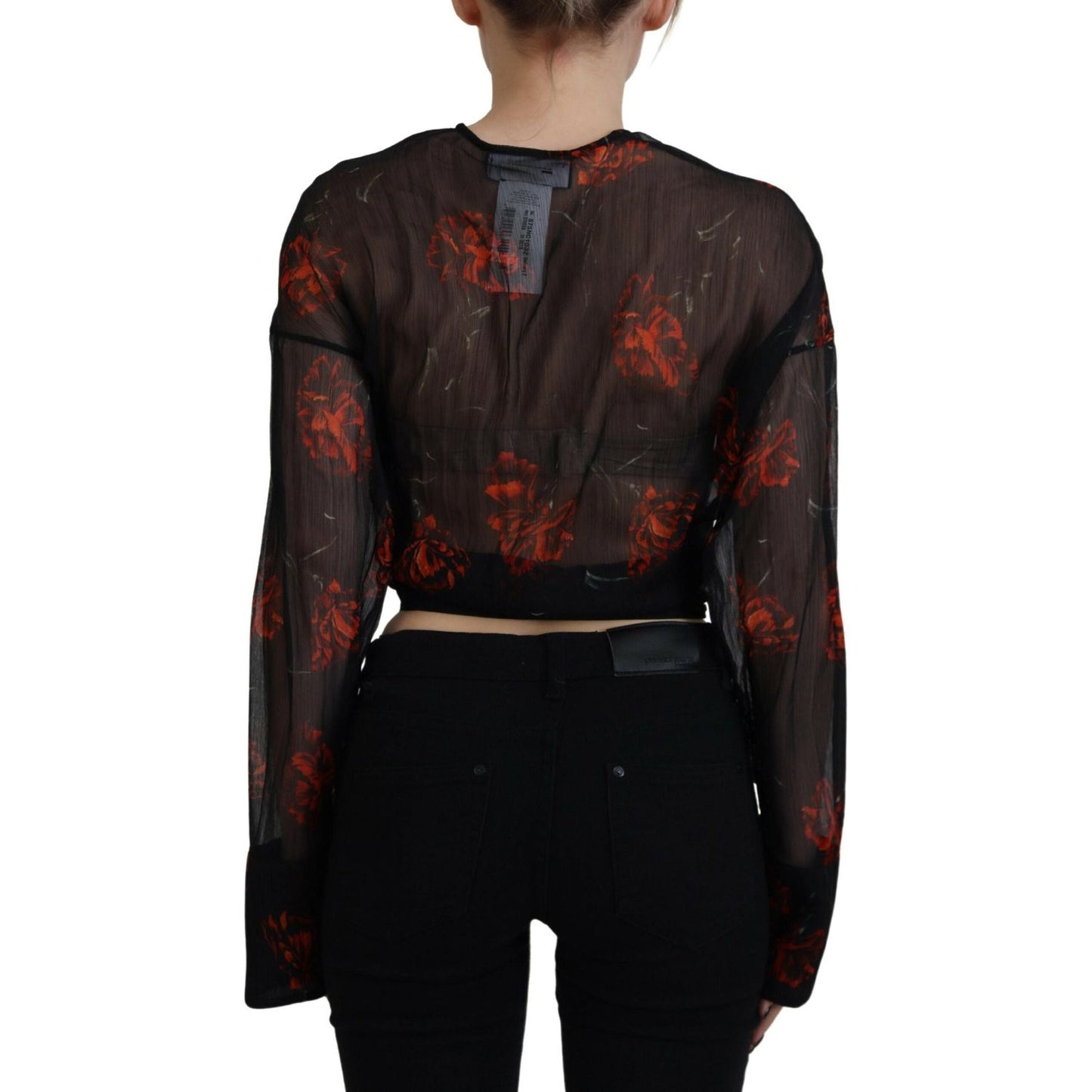 Dsquared² Black Floral Print Cropped Wrap Long Sleeves Top TSH83377-38