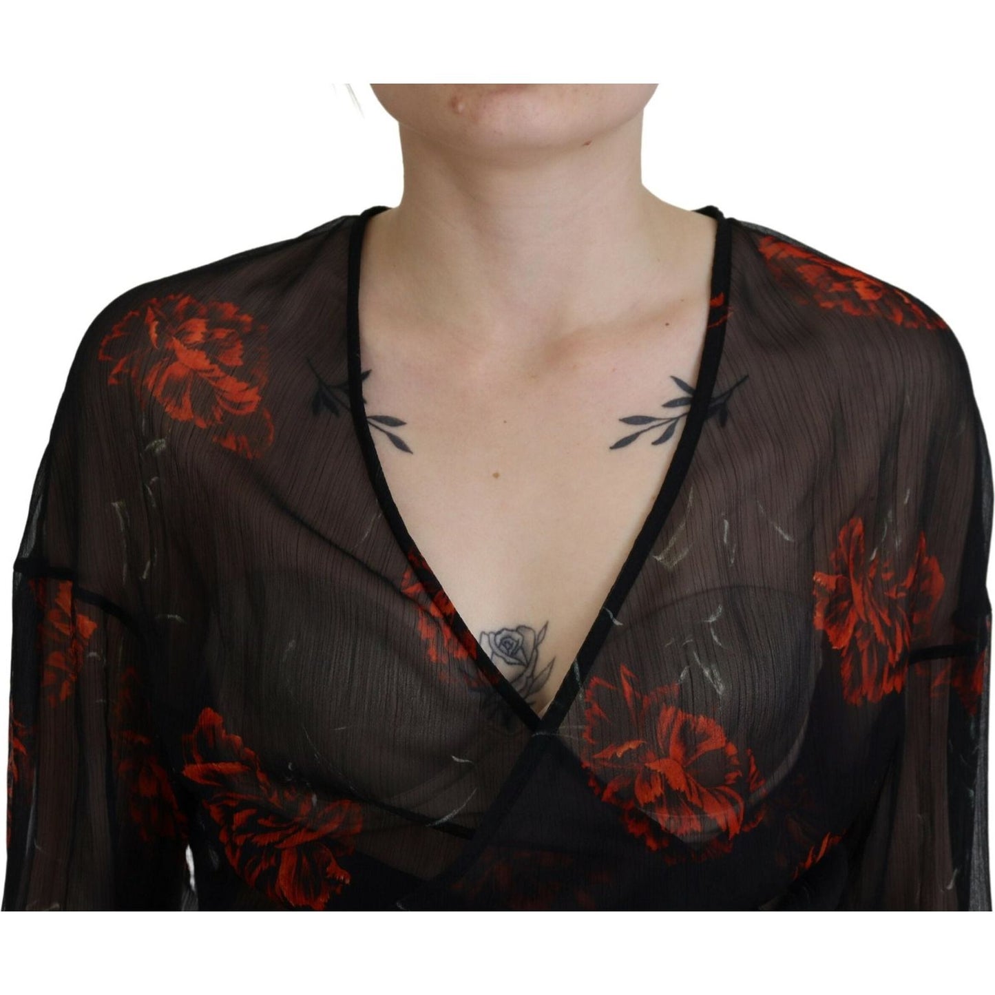 Dsquared² Black Floral Print Cropped Wrap Long Sleeves Top TSH83377-38