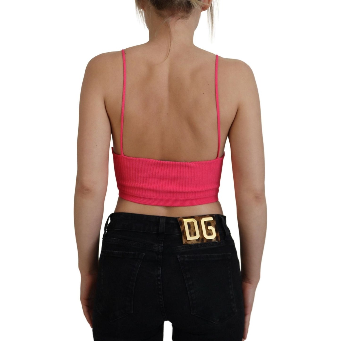 Dsquared² Pink Ribbed Knit Bra Cropped Spaghetti Strap Top TSH83417-38