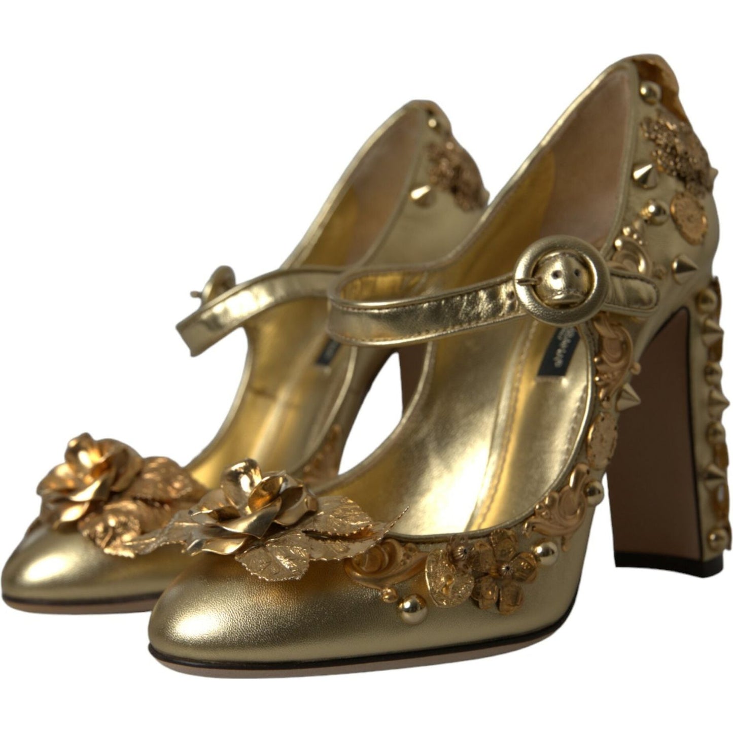 Dolce & Gabbana Gold Leather Crystal Mary Janes Pumps Shoes LA10781-36