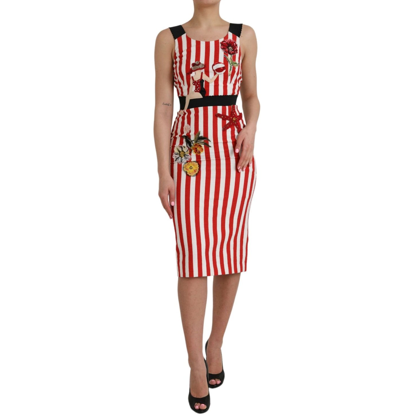 Dolce & Gabbana Red White Floral Sleeveless Sheath Midi Dress DR281181-36