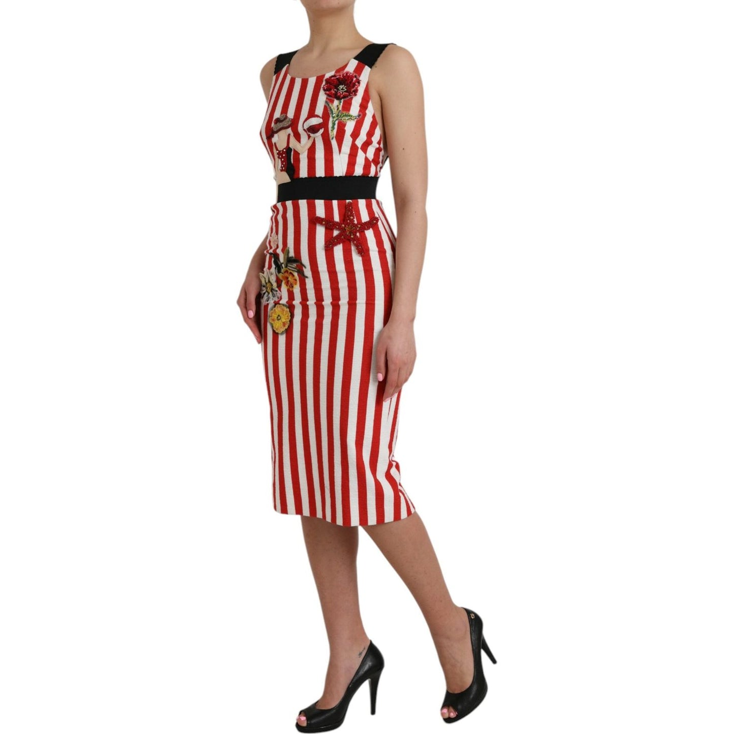 Dolce & Gabbana Red White Floral Sleeveless Sheath Midi Dress DR281181-36