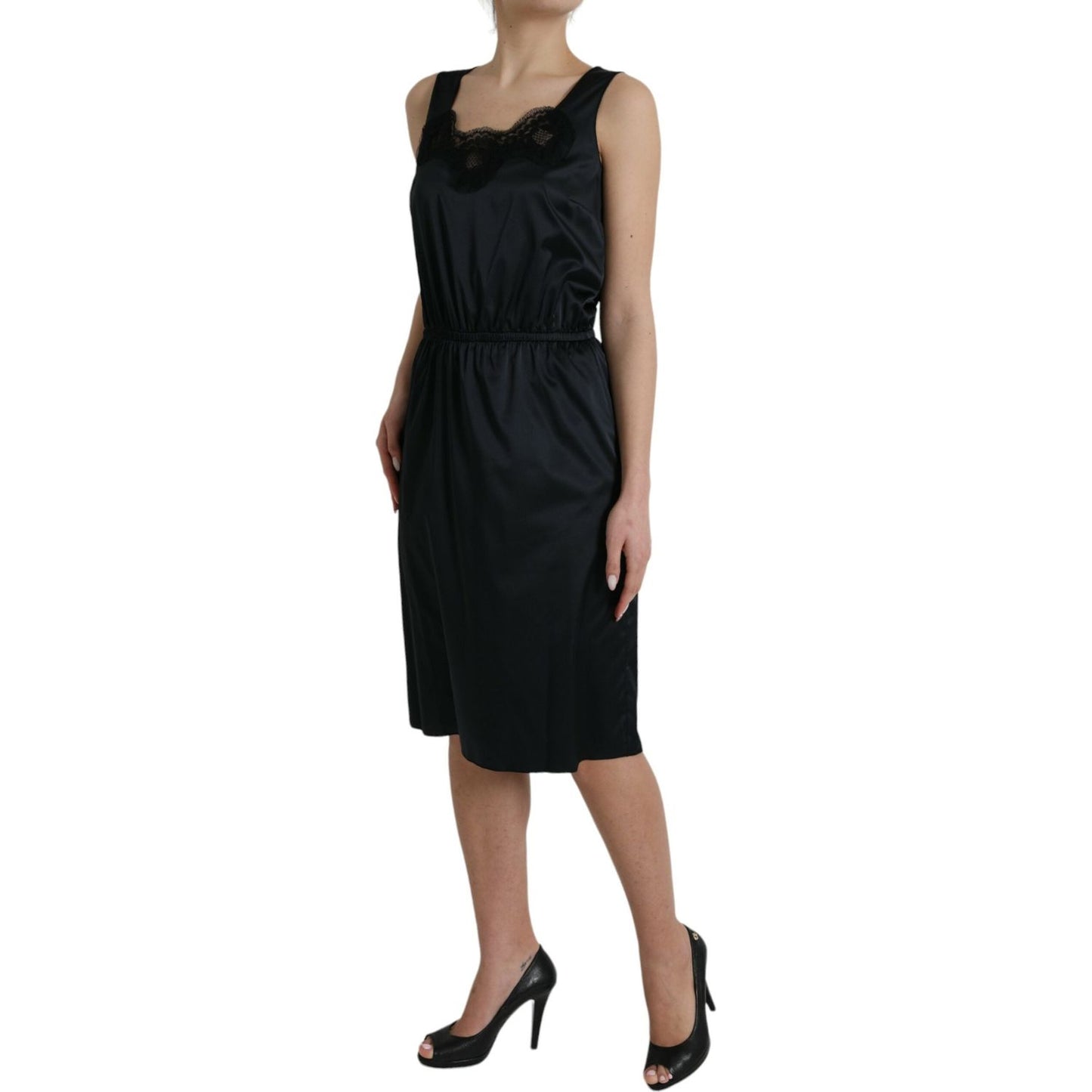 Dolce & Gabbana Black Polyester Lace Trim Sheath Midi Dress DR281190-50