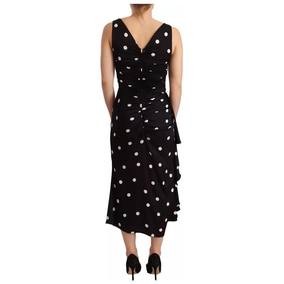 Dolce & Gabbana Black Silk Polka Dots V-neck Sheath Midi Dress DR28296-40