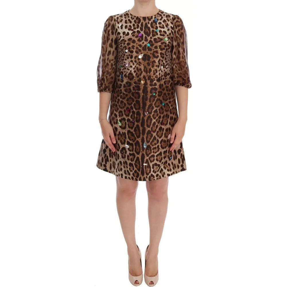 Dolce & Gabbana Leopard Silk Wool Crystal Shift Dress Dolce & Gabbana Dim Gray