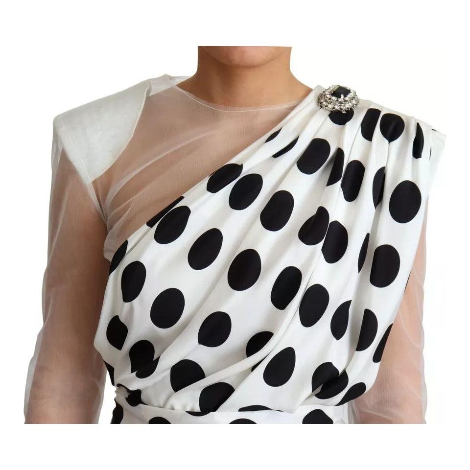 Dolce & Gabbana White Polka Dots Crystal One Shoulder Dress DR2798-40