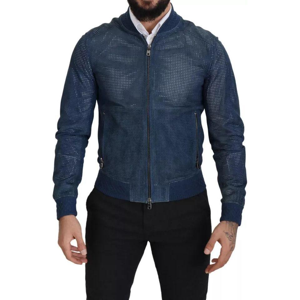 Dolce & Gabbana Blue Leather Perforated Full Zip Jacket JKT3359-46