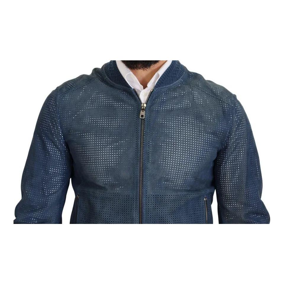 Dolce & Gabbana Blue Leather Perforated Full Zip Jacket JKT3359-46