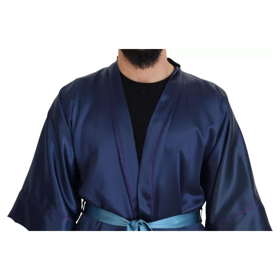 Dolce & Gabbana Blue Satin Silk Waist Belt Robe Jacket JKT3458-48