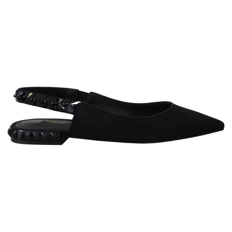Dolce & Gabbana Black Flats Crystal Slingback Charmeuse Shoes LA10051-36