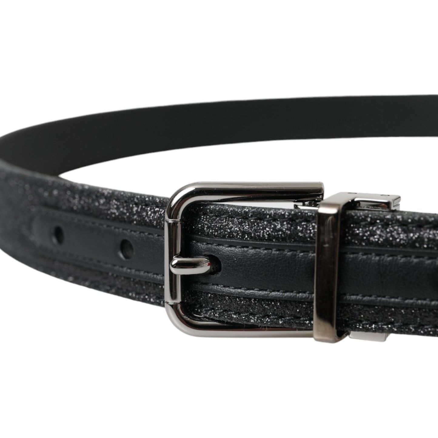 Dolce & Gabbana Black Glittered Leather Silver Buckle Belt WMB405-90