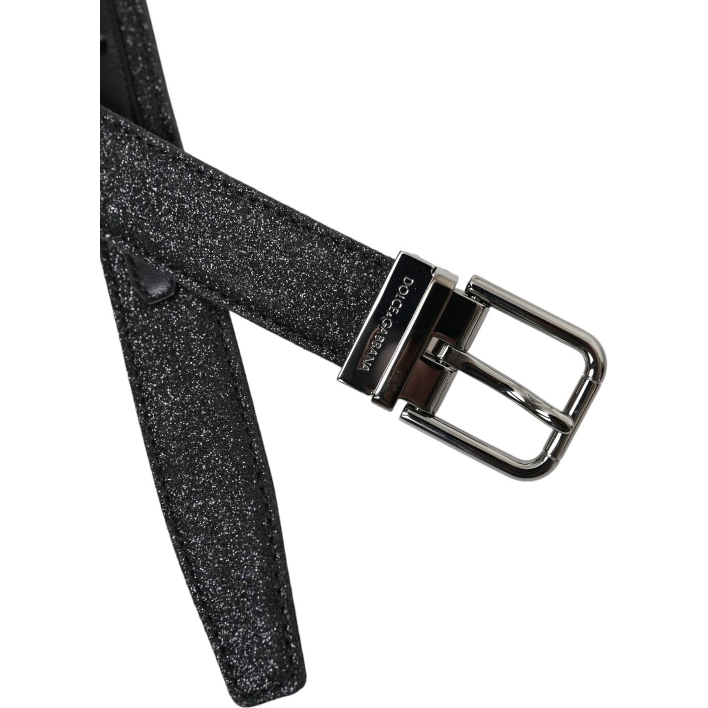 Dolce & Gabbana Black Glittered Leather Silver Buckle Belt WMB405-90