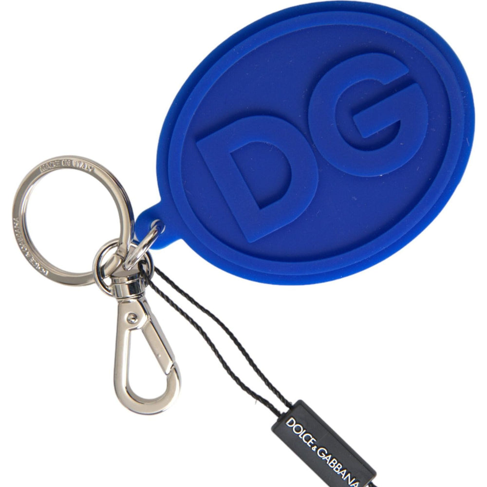 Dolce & Gabbana Blue Rubber DG Logo Silver Brass Metal Keyring Keychain SMY10275
