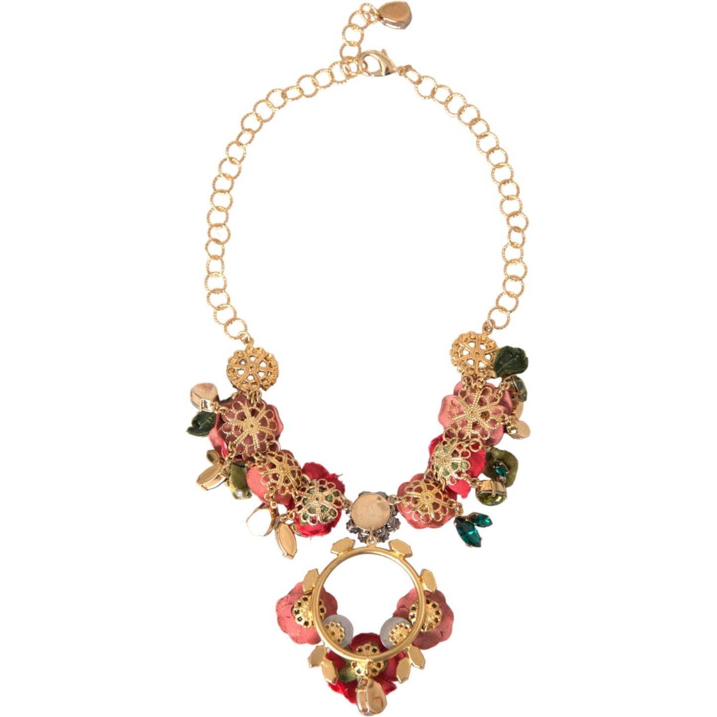 Dolce & Gabbana Gold Brass Link Chain RosePetal Crystal Pendant Necklace SMY10234