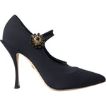 Dolce & Gabbana Black Mary Jane Jersey Crystal Pumps Shoes LA11197-36.5