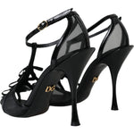 Dolce & Gabbana Black Mesh T-strap Heels Sandals Shoes LA11162-37