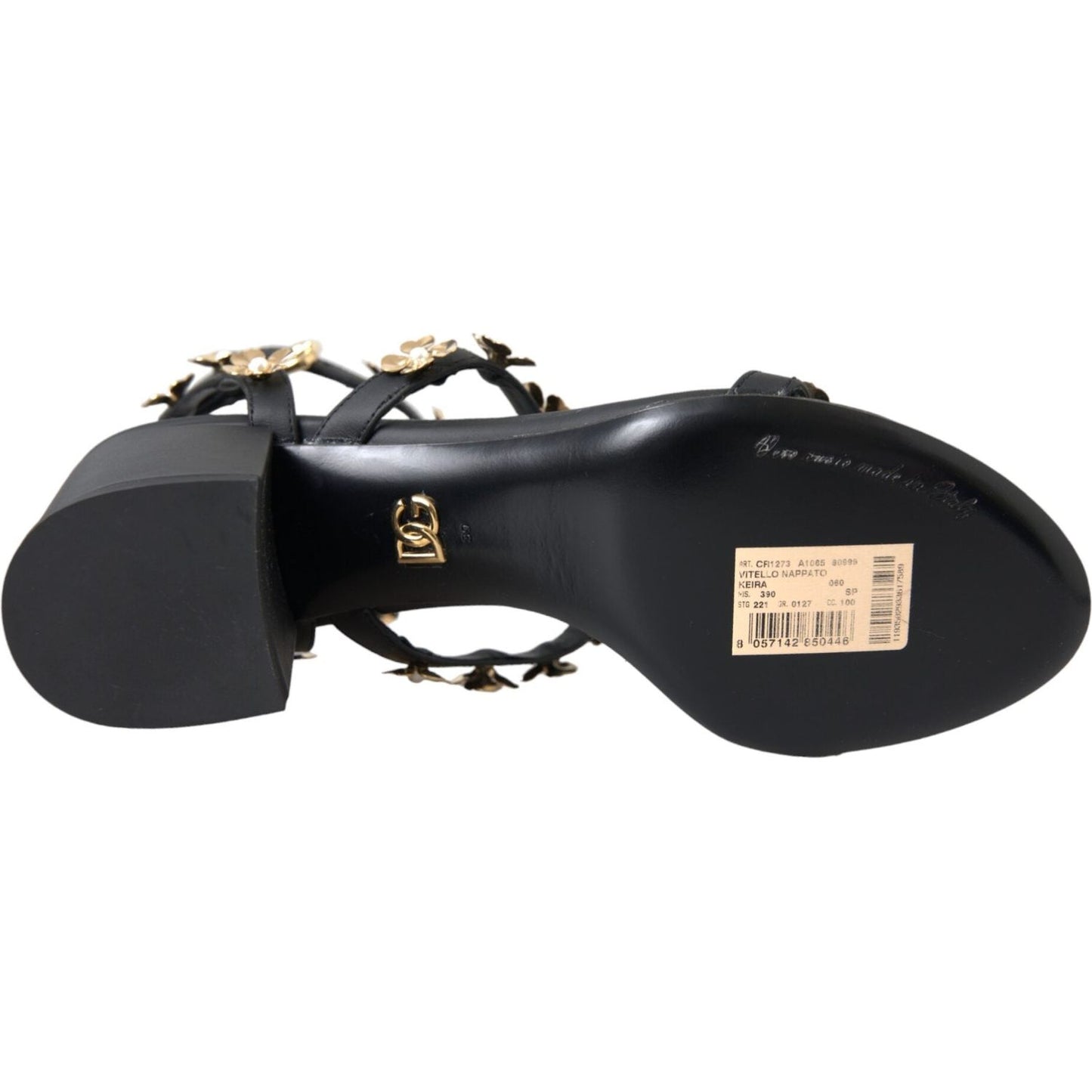 Dolce & Gabbana Black Leather Embellished Heel Sandal Shoes LA11207-39