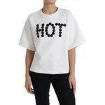 Dolce & Gabbana White Cotton Black HOT Crystal Top T-shirt TSH84220-42