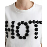 Dolce & Gabbana White Cotton Stretch Black HOT Crystal T-shirt TSH99916-S