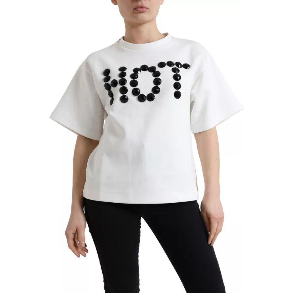 Dolce & Gabbana White Cotton Stretch Black HOT Crystal T-shirt TSH99916-S