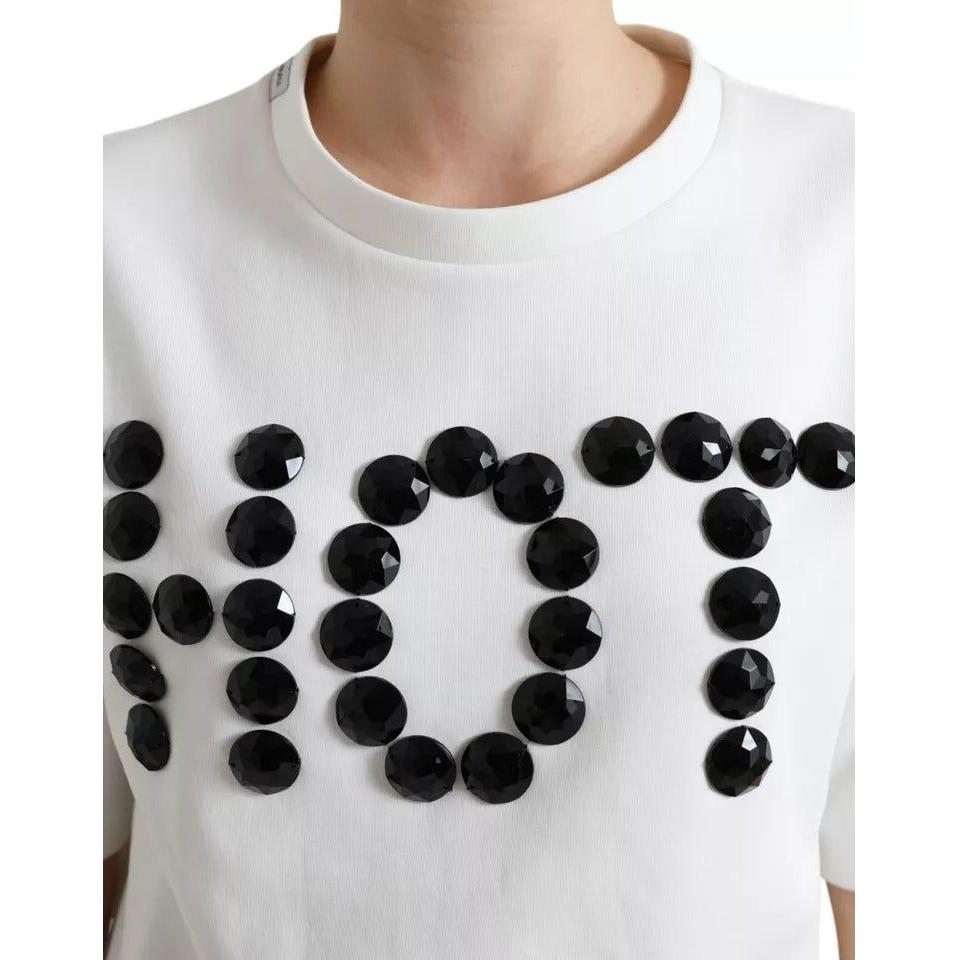 Dolce & Gabbana White Cotton Stretch Black HOT Crystal T-shirt TSH99918-XS