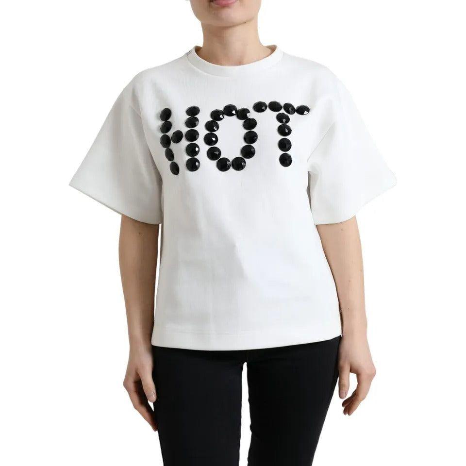 Dolce & Gabbana White Cotton Stretch Black HOT Crystal T-shirt TSH99918-XS