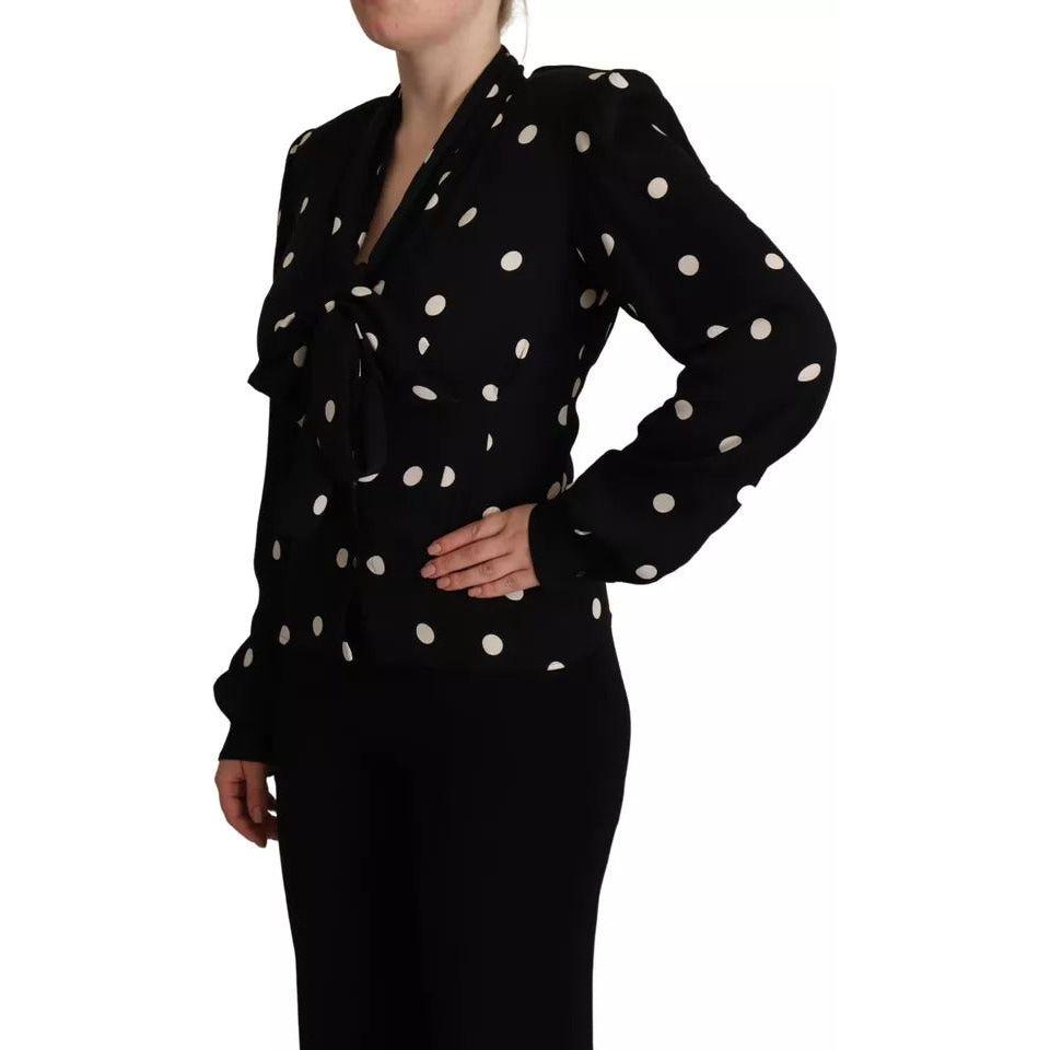 Dolce & Gabbana Black Polka Dots Silk Pussy Bow Long Sleeves Top TSH7619-40