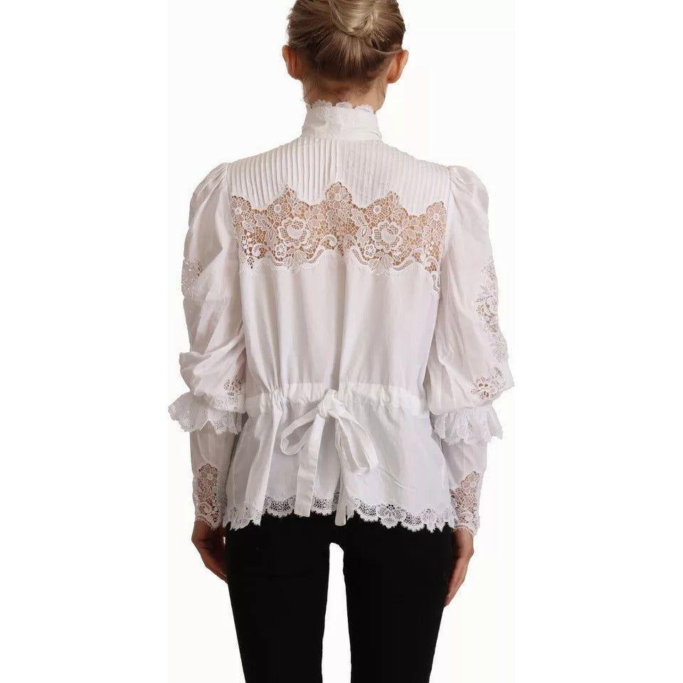 Dolce & Gabbana White Cotton Lace Trim Turtle Neck Blouse Top TSH7468-40
