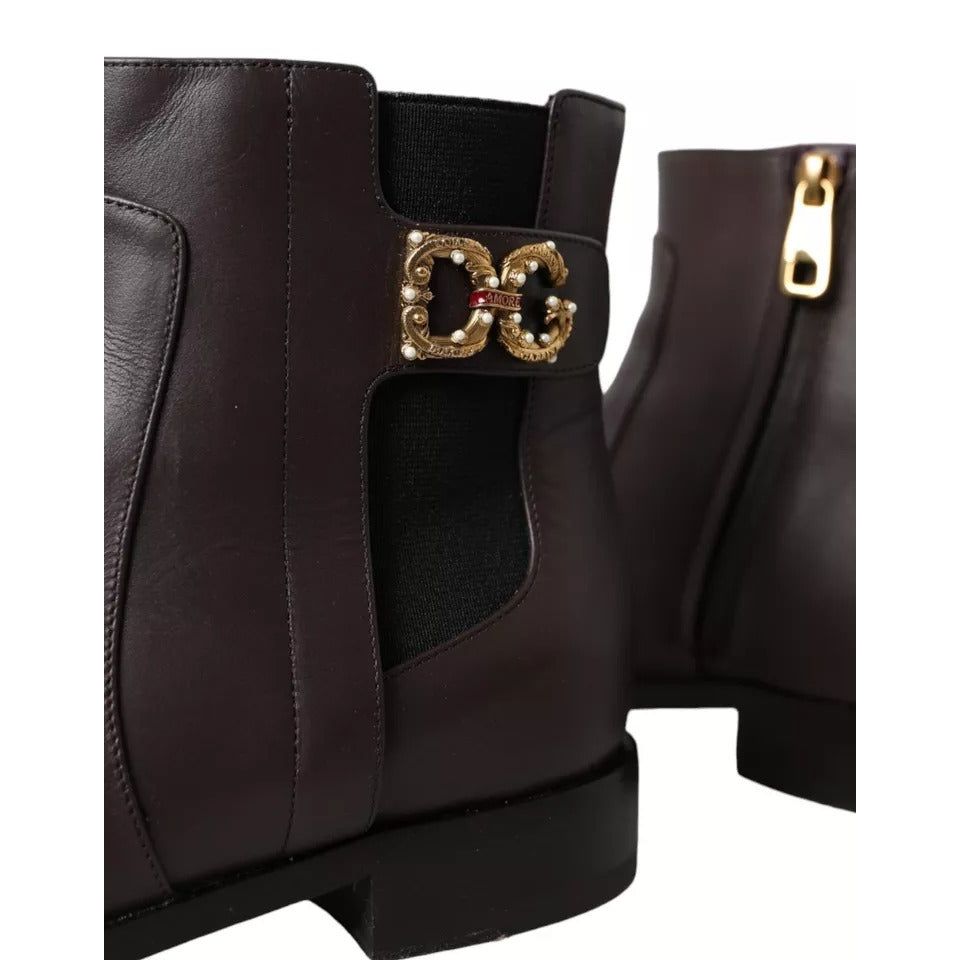 Dolce & Gabbana Brown Leather AMORE Flats Ankle Boots Shoes LA10908-37.5