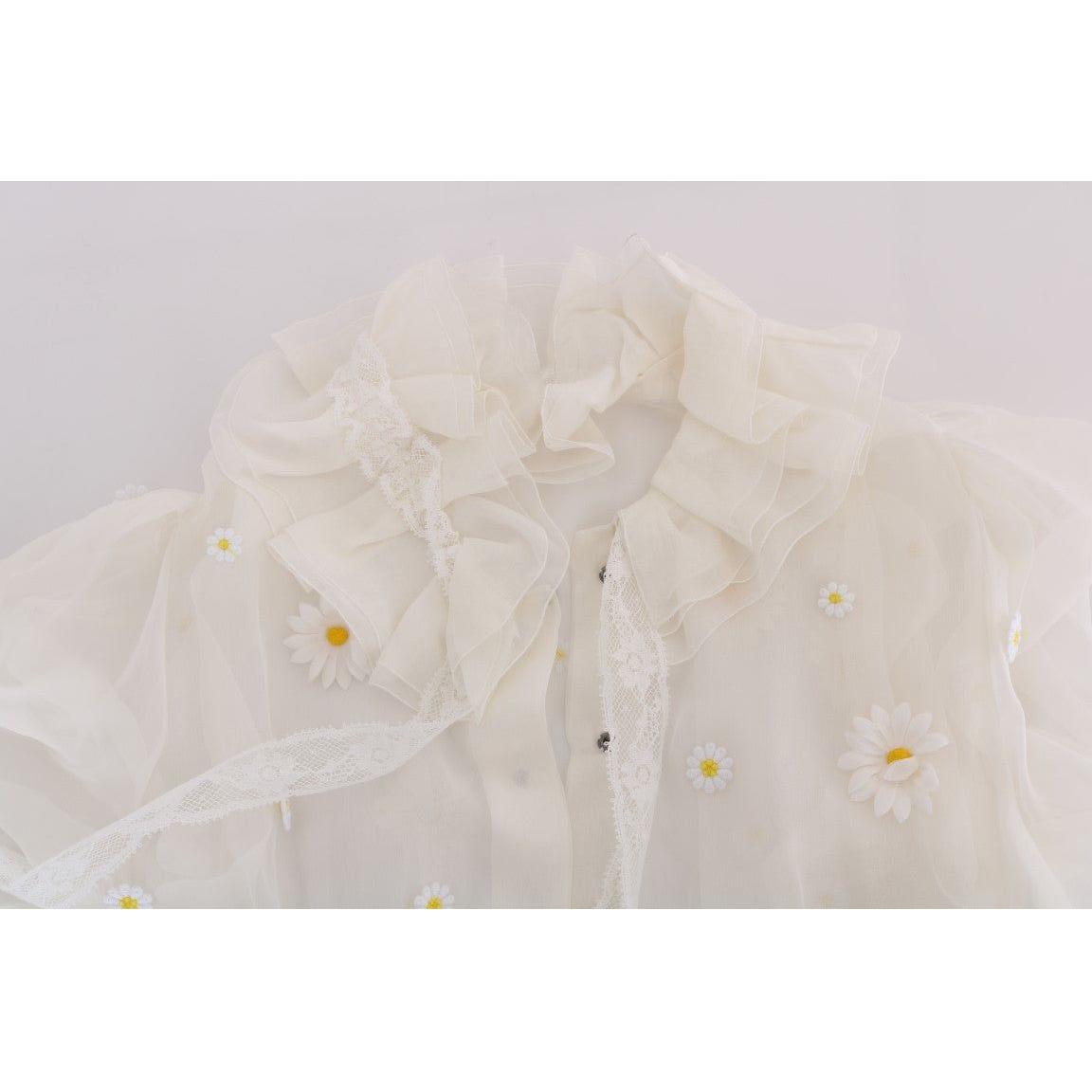Dolce & Gabbana White Daisy Applique Silk Shirt TSH1440-1