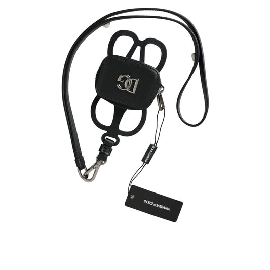 Dolce & Gabbana Black Calfskin Leather DG Logo Coin Purse Lanyard Wallet