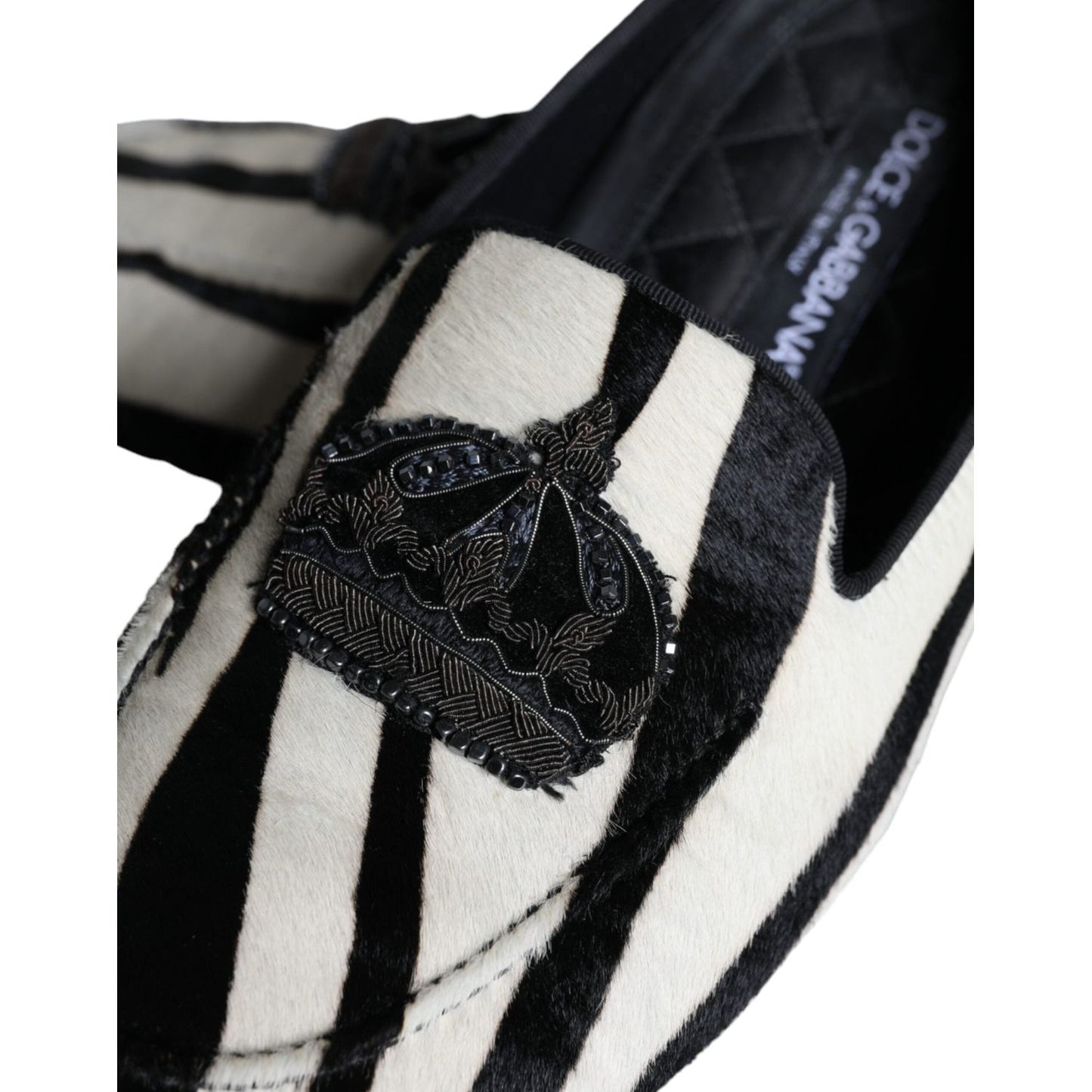 Dolce & Gabbana Black White Calf Fur Slip On Loafers Men Shoes MV5882-41