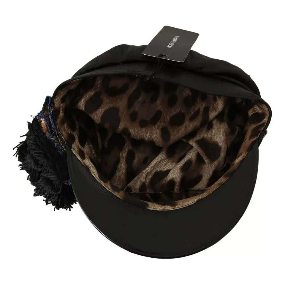 Dolce & Gabbana Black Leather Crystal Beads Gold Ribbon Fiddler Cap HAT70115-56