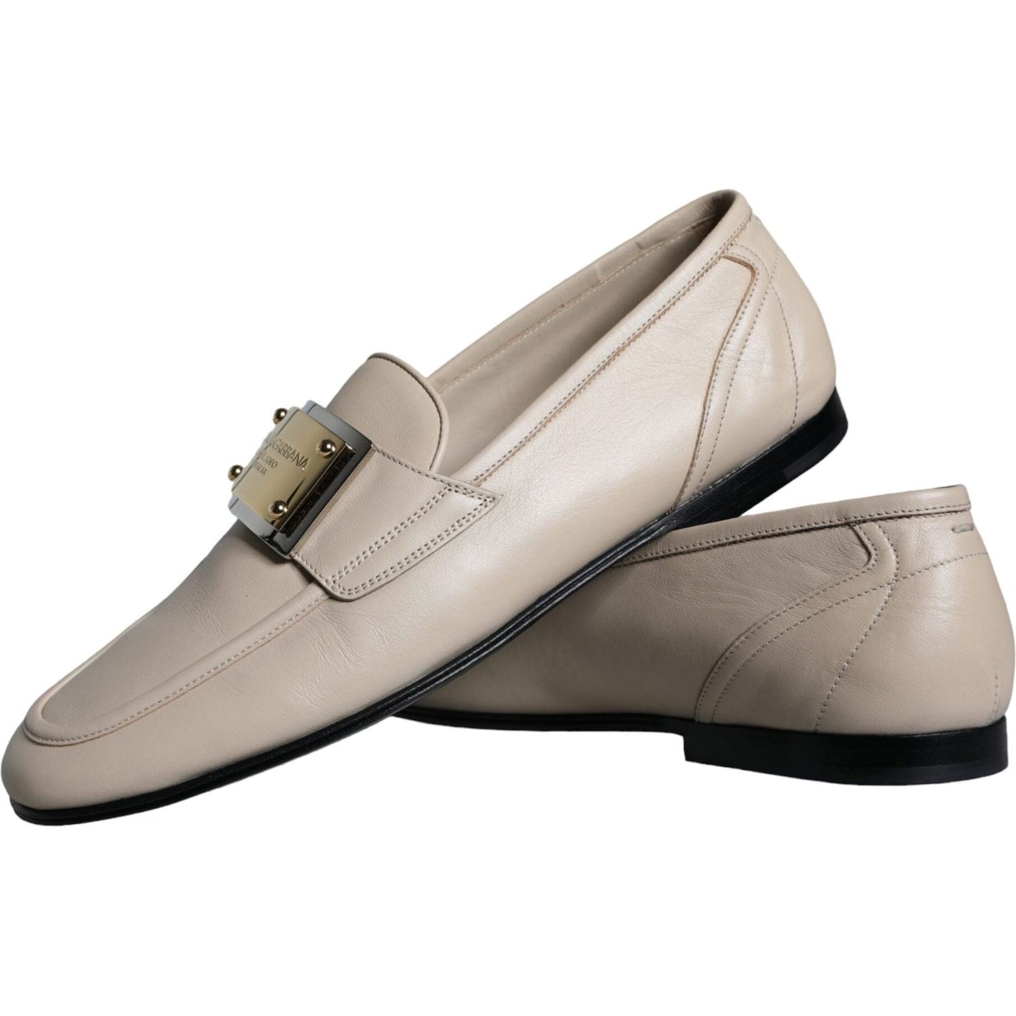 Dolce & Gabbana Beige Leather Logo Plaque Slip On Men Loafers Shoes MV6116-43